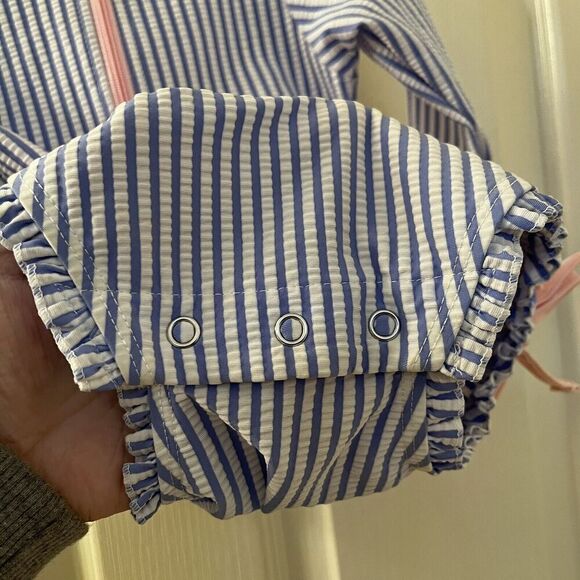 RuffleButts Seersucker One Piece Rash Guard Swimsuit Blue Pink Size 6-12 Months - Picture 15 of 15